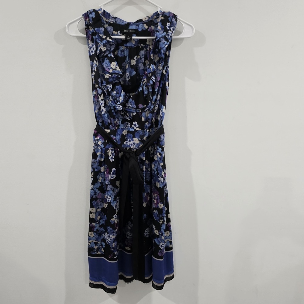 White House Black Market Satin Floral Dress Size 8 Retro Mod Lace Trim Whimsical